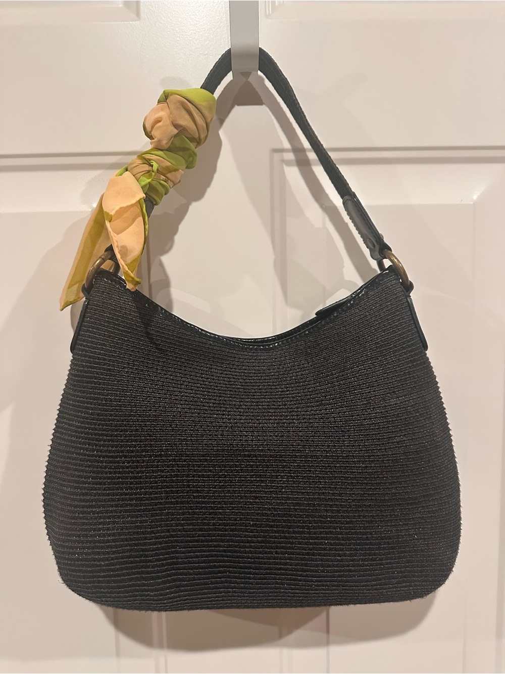 Talbots Black Crescent Shoulder Bag Patent Leather Trim Gold Hardware Bag Scarf - Picture 2 of 7